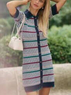 Anthropologie Maeve Button Down Sweater Shift Mini Dress S Plaid Preppy Academia